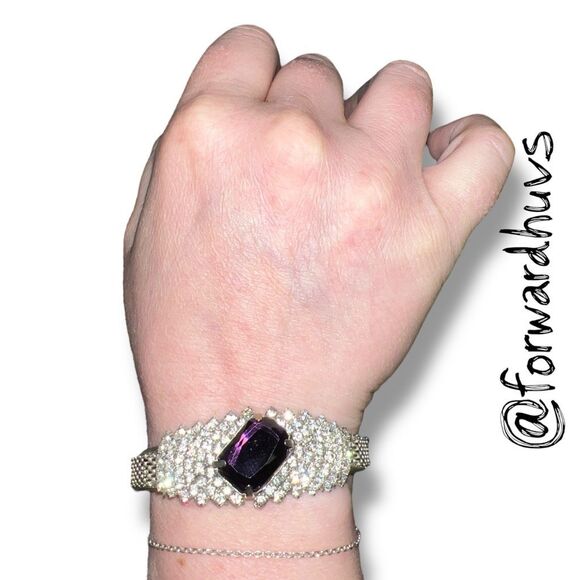 Vintage Hinge Clamper Bracelet – Purple Glass Center Stone – Clear Rhinestones - Picture 6 of 10